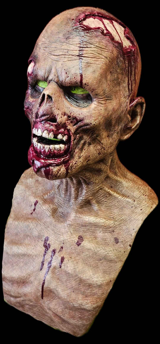 Zombie silicone mask worn — side profile showing decomposed skin textur