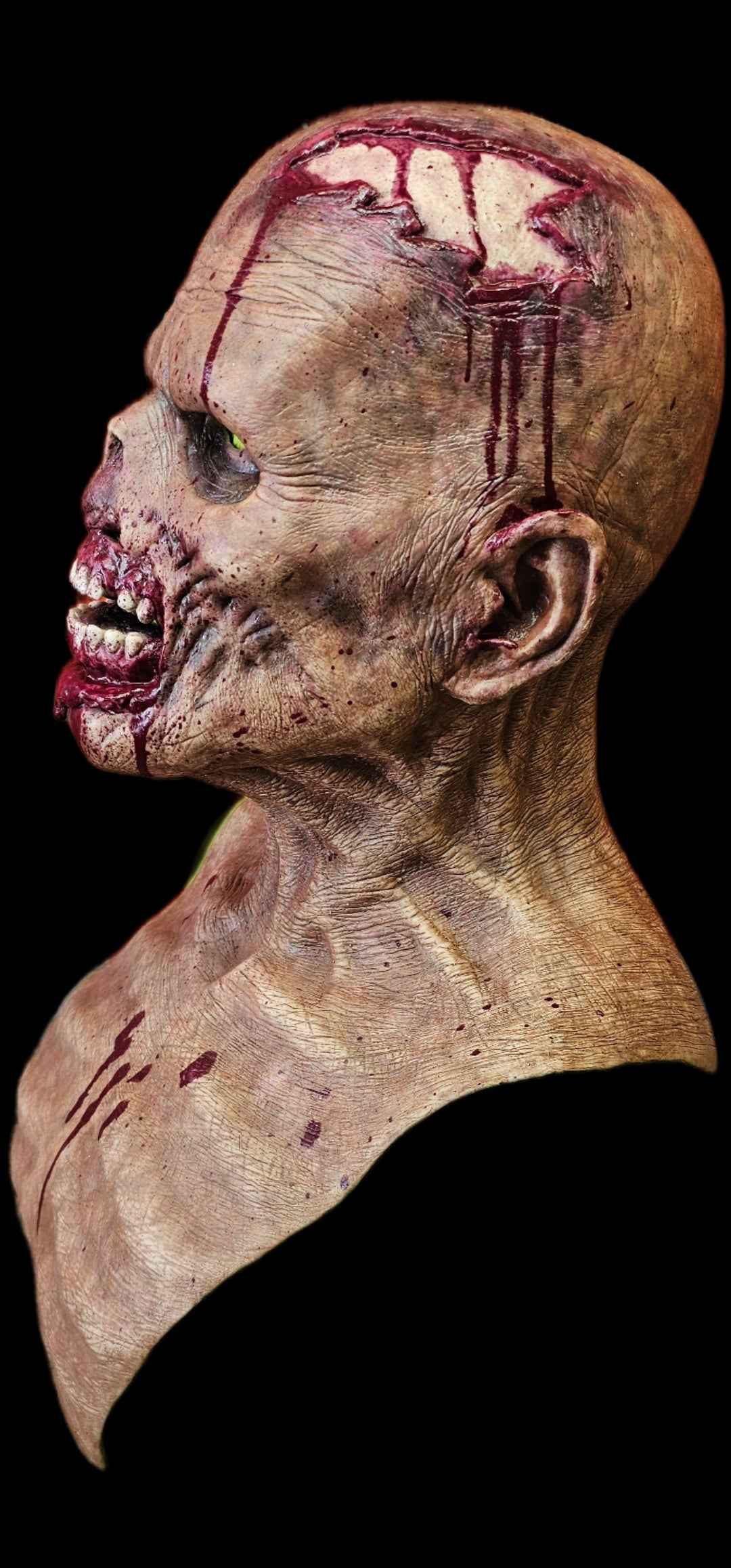 Zombie silicone mask side view — full head coverage