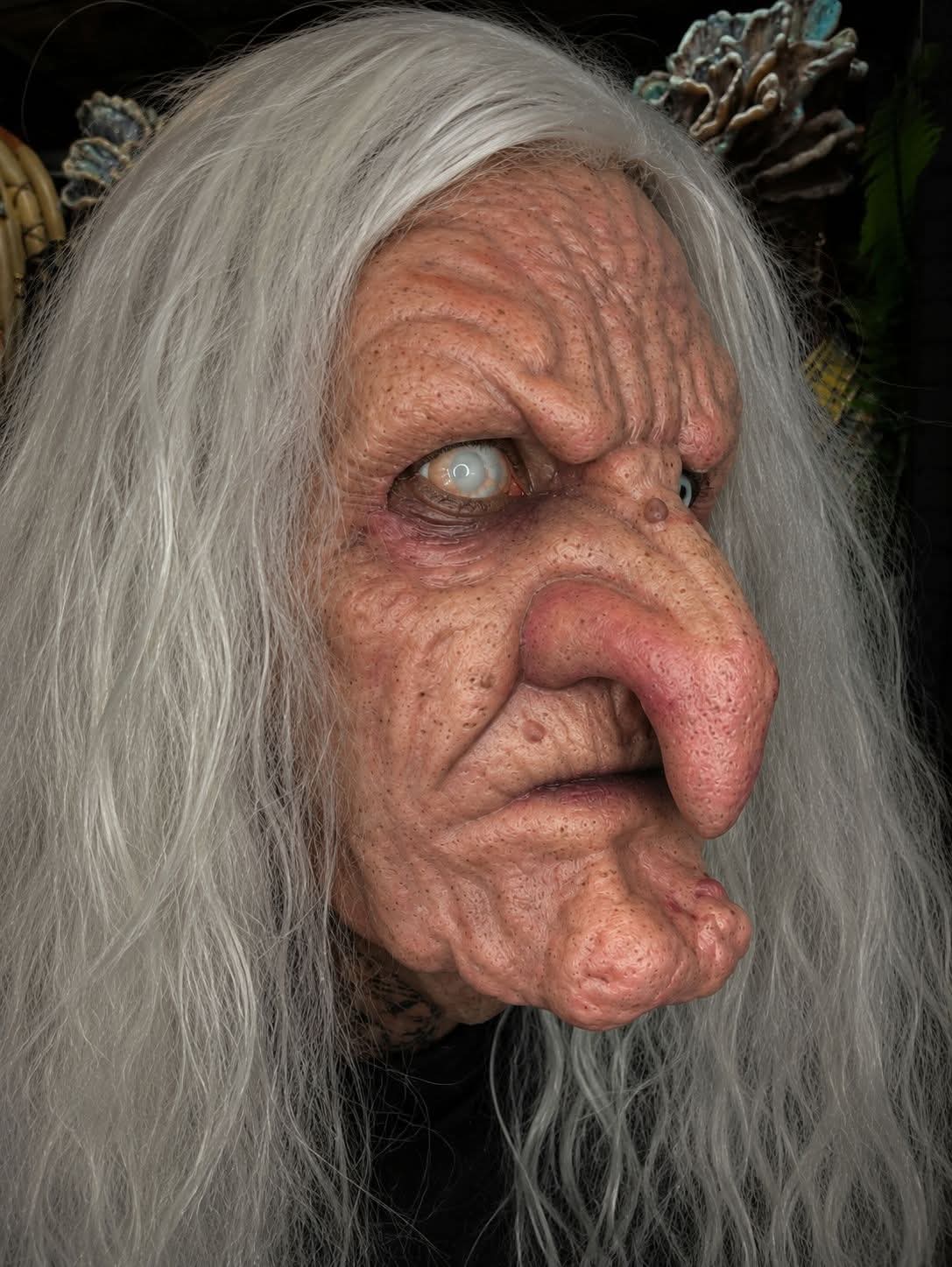 French content creator Romain Louis fully transformed as La Sorcière, wearing the Old Hag Witch Silicone Mask by Mr E Masks, complete with wig and hood. Image credit: Romain Louis (@romain42louis)