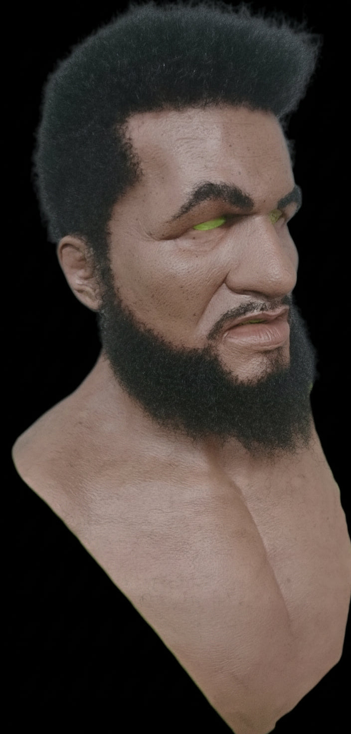 Realistic silicone mask UK black man full head of hair full beard bushy eyebrows moustache