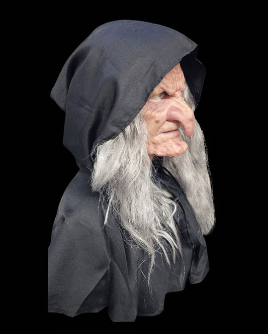 Old Hag silicone witch mask with grey hair and hood, right-side view