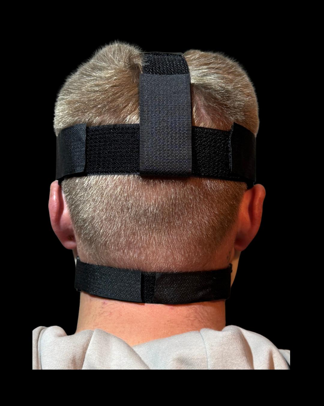 Rear view of the Old Hag silicone witch mask showing its adjustable straps