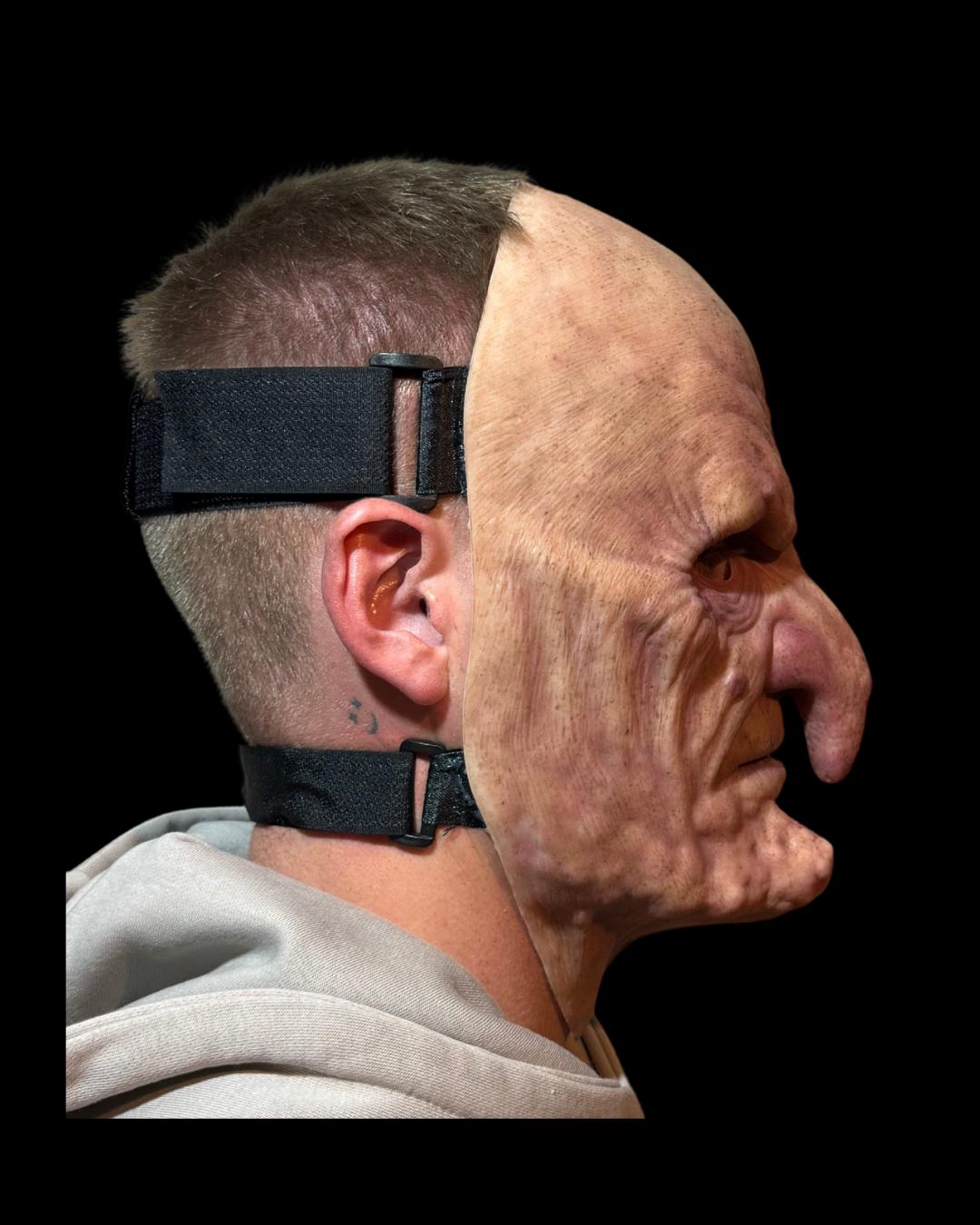 Old Hag silicone witch mask, right-side view showing the straps