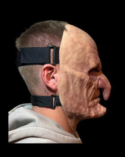 Old Hag silicone witch mask, right-side view showing the straps