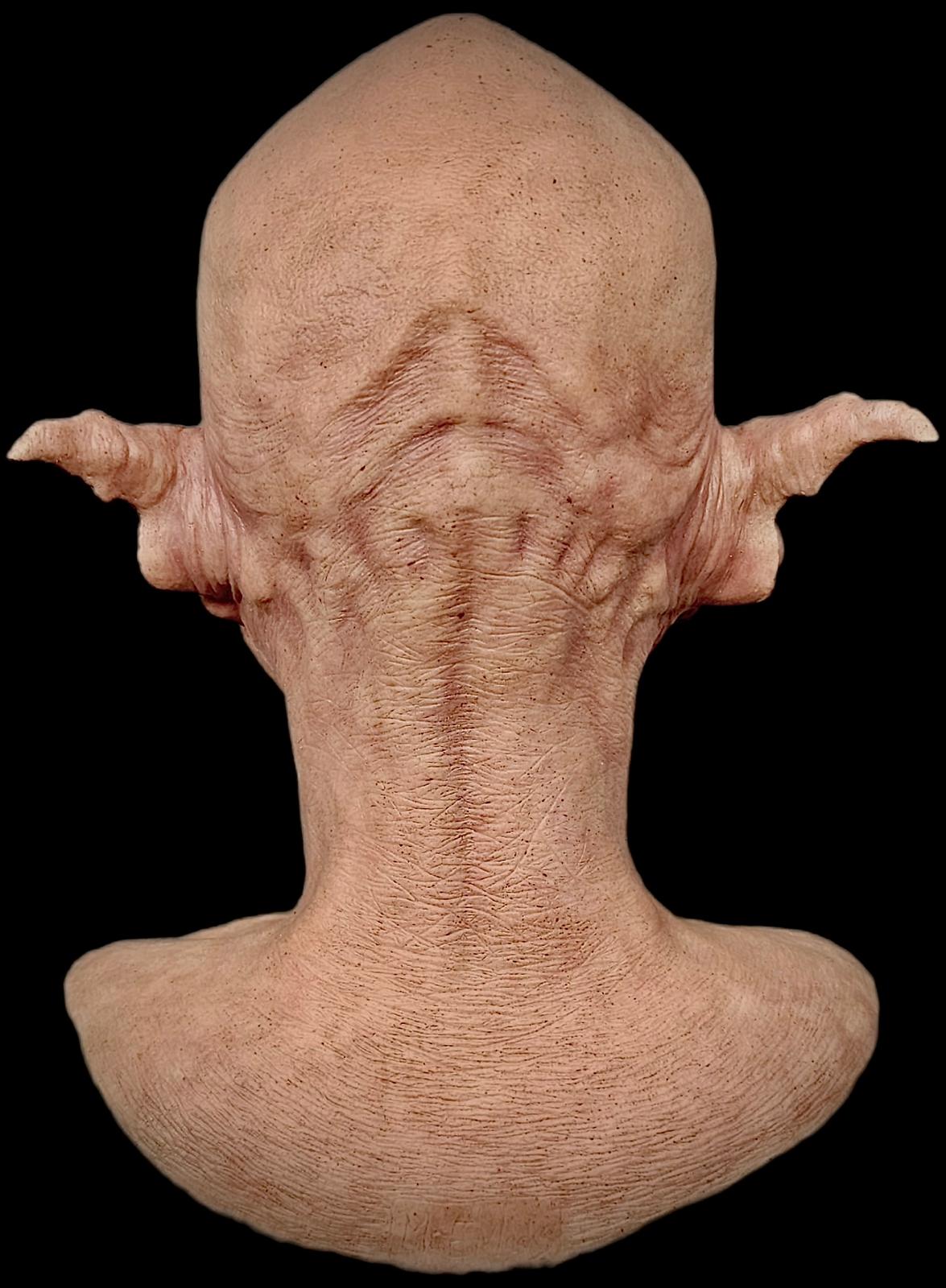 Close-up of a textured, alien-like head with pointed ears Orc Goblin Mask