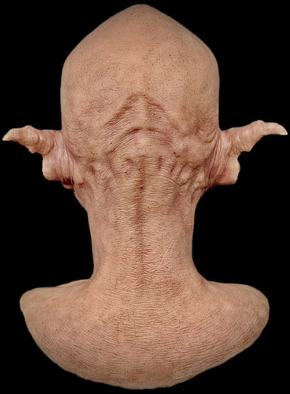 Close-up of a textured, alien-like head with pointed ears Orc Goblin Mask