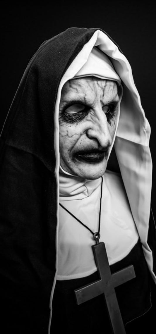 Realistic Evil Nun silicone face mask, right-side view
