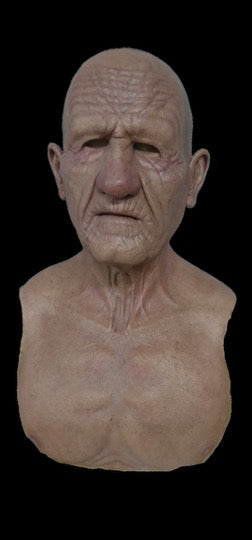 Ultra-realistic silicone old man mask — handmade, skin-safe costume for Halloween, cosplay, film, and collectors with lifelike wrinkles and detail.
